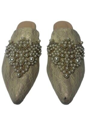 Tilocow Embellished Pearl Lace Pointed Toe Mules - Cream Size 8.5 Nwot